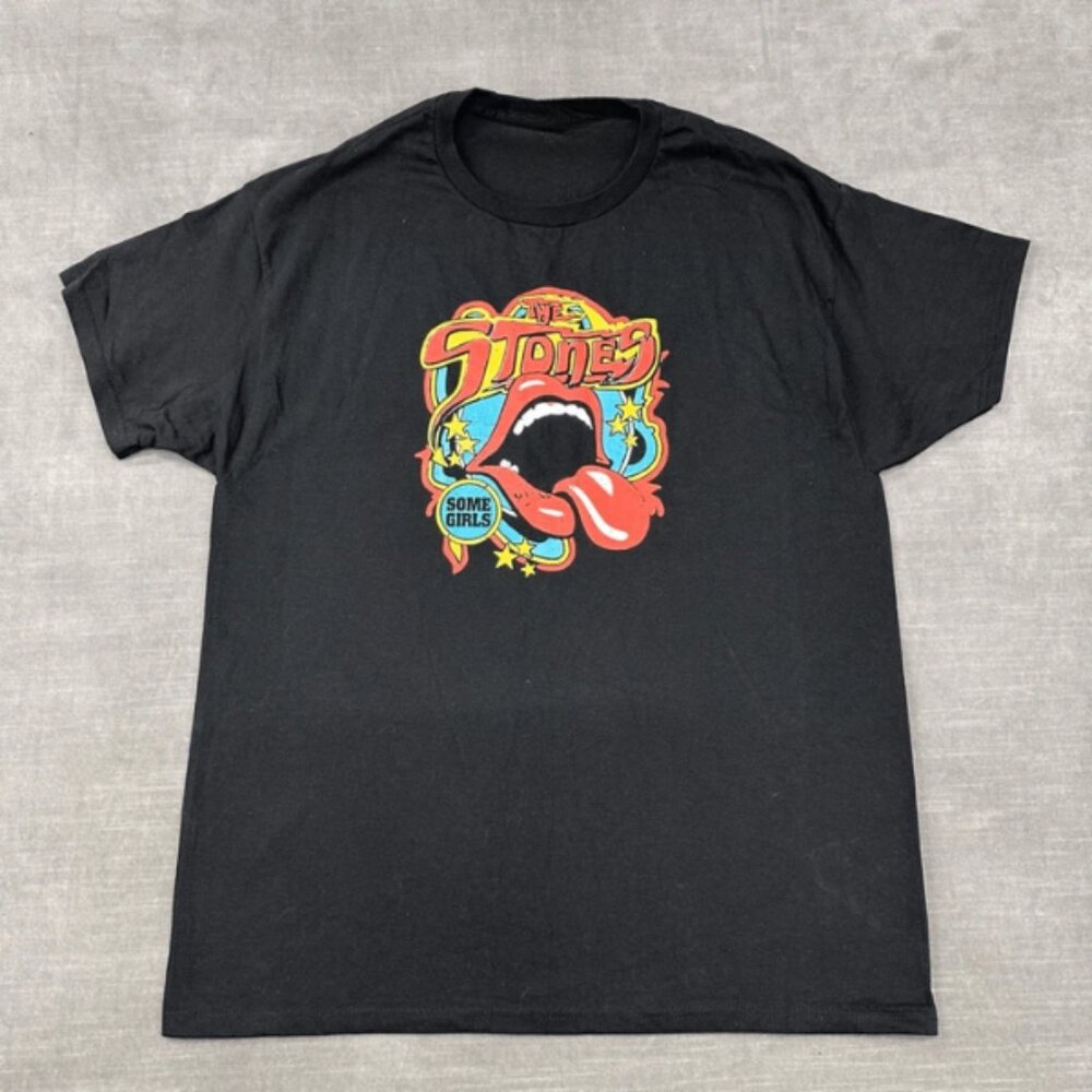 Black Rolling Stones Tongue Logo Graphic Tee Rock Band Icon Shirt